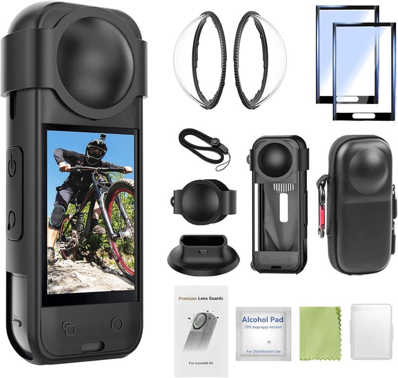 ULYVU 9-in-1 Accessories Kit for Insta360 X5, Included Insta 360 X5 Premium Lens Guard, Carrying Case, 2 Pack of Tempered Glass Film Screen Protector, Silicone Protective Cover and Desktop Mount Bundle Kit - Image 1